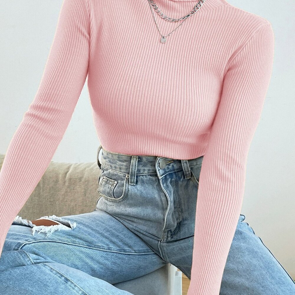 Baby Pink Casual Women's Turtleneck Ribbed Knit Sweater Without Necklace